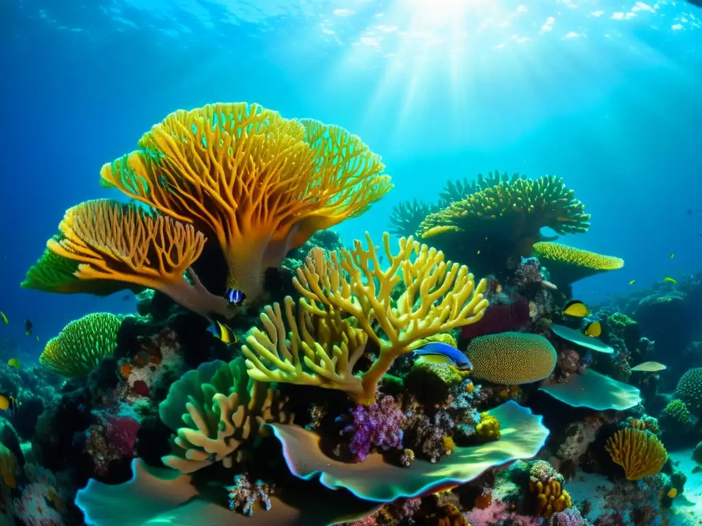 Un arrecife de coral tropical, con vida marina vibrante y diversa, iluminado por el sol