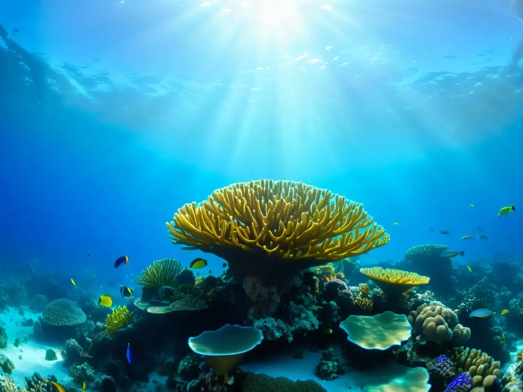 Un arrecife de coral vibrante y biodiverso, iluminado por el sol y rodeado de vida marina