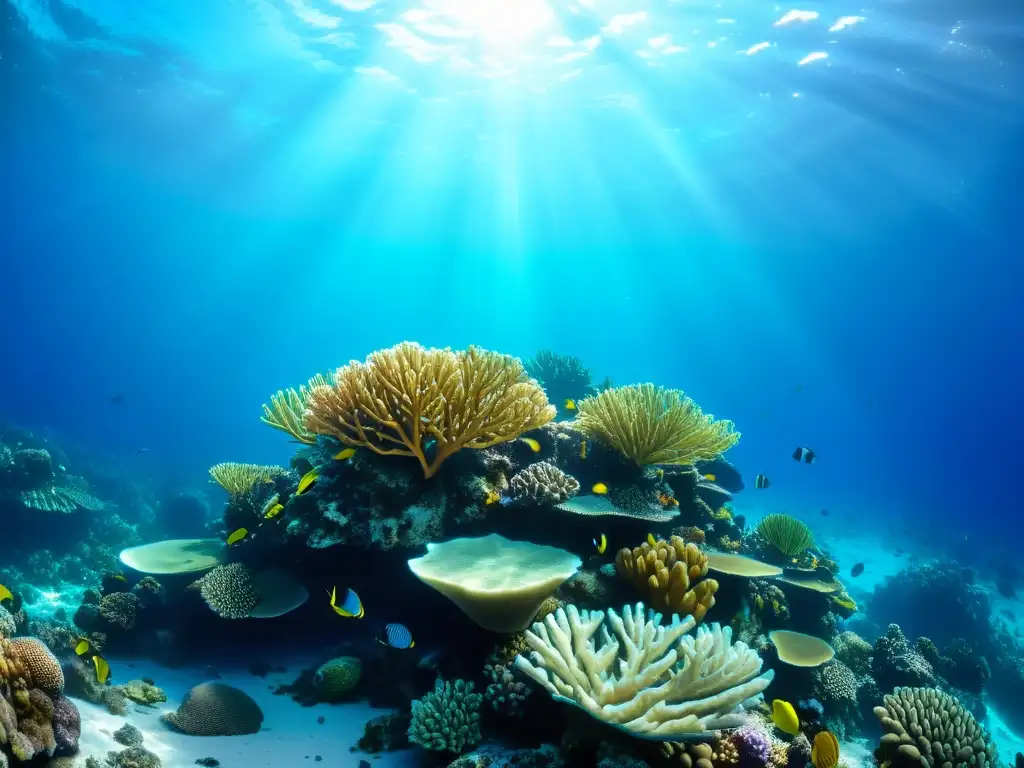 Un arrecife de coral vibrante y detallado en aguas cristalinas, hogar de vida marina diversa