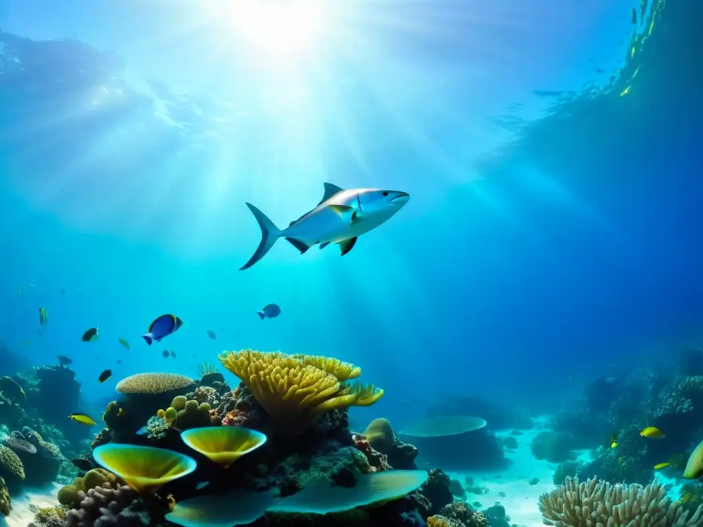 Un arrecife de coral vibrante y diversa vida marina, con impacto de la sobrepesca en arrecifes