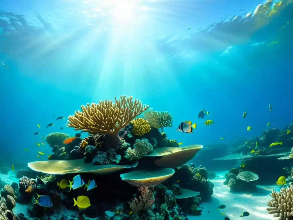 Un arrecife de coral vibrante y diverso, con peces coloridos y tortugas marinas