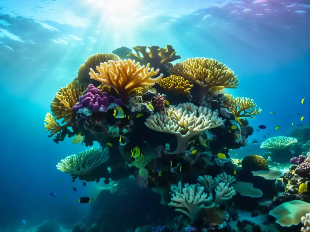 Un arrecife de coral vibrante y diverso, bañado por la luz del sol en aguas cristalinas