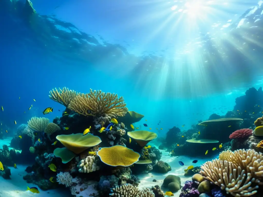 Un arrecife de coral vibrante, habitado por peces y vida marina, iluminado por el sol