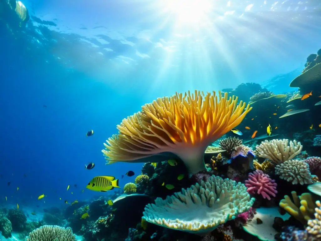 Un arrecife de coral vibrante y lleno de vida marina, iluminado por la luz del sol en aguas cristalinas