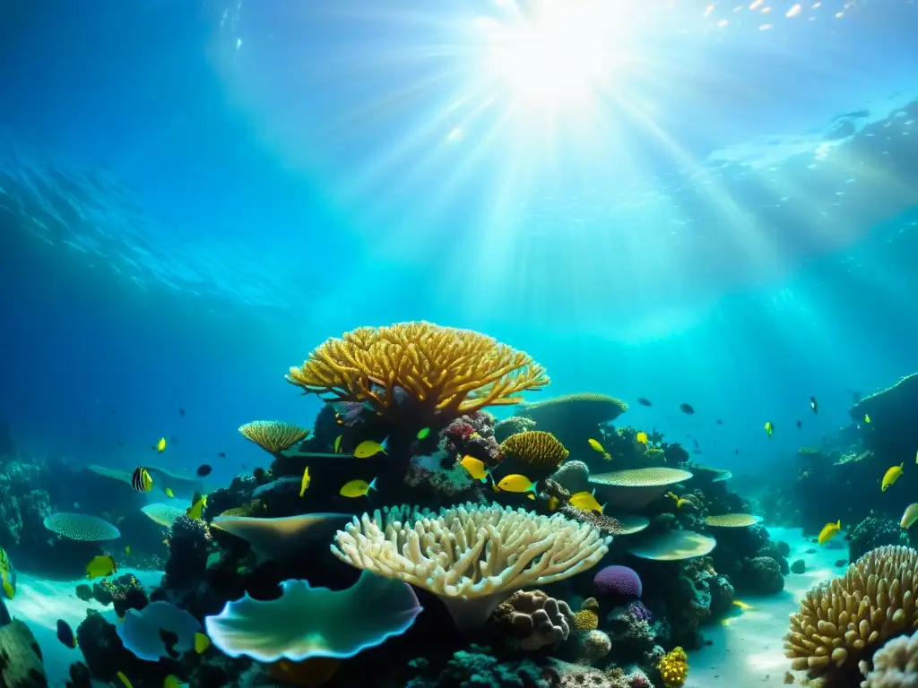 Un arrecife de coral vibrante y lleno de vida, impactado por el cambio climático en ecosistemas marinos