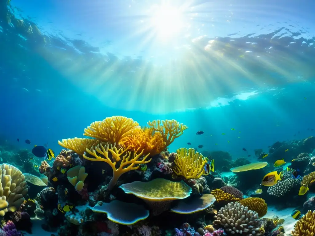 Un arrecife de coral vibrante lleno de peces coloridos en aguas cristalinas