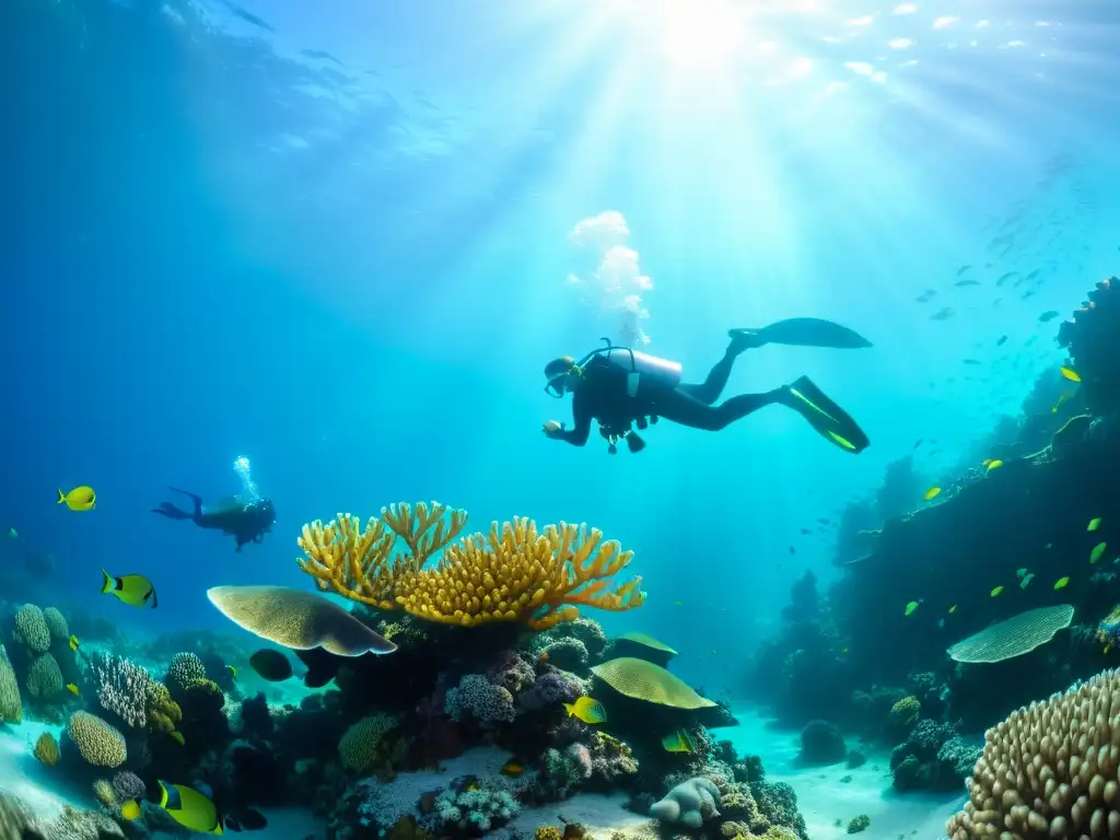 Un arrecife de coral vibrante, lleno de vida marina y equipo de snorkel y buceo responsable, iluminado por la luz solar bajo el agua