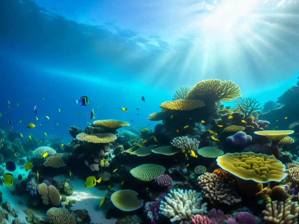 Un arrecife de coral vibrante y lleno de vida, con peces coloridos, formaciones de coral e plantas marinas, iluminado por la luz del sol