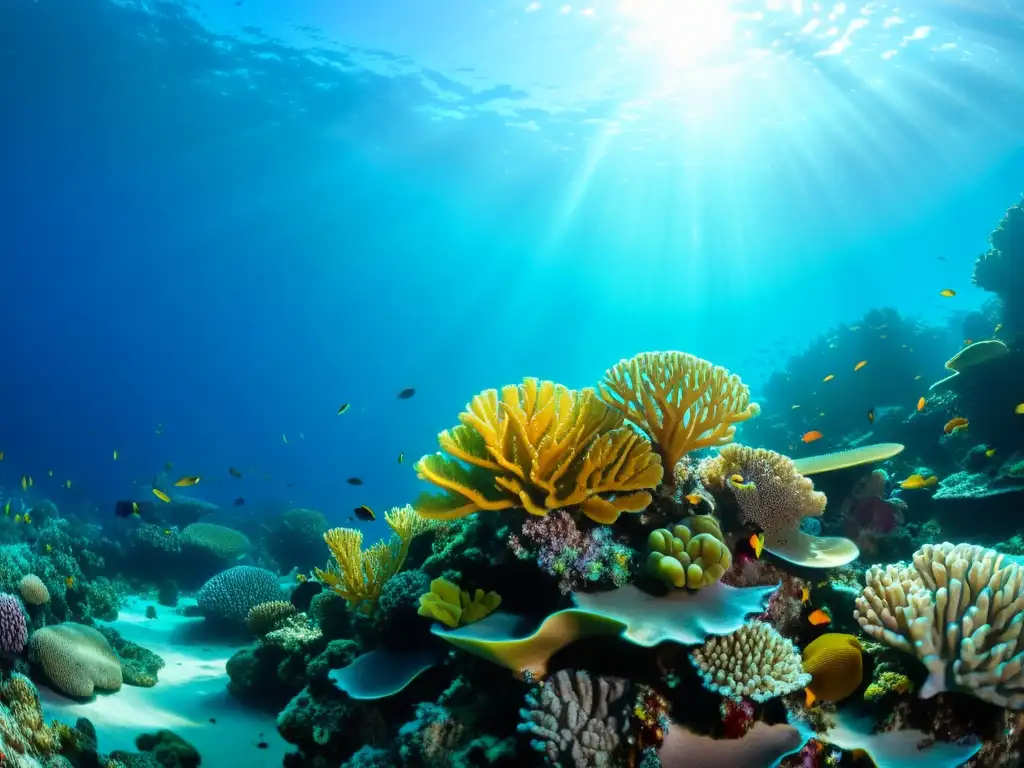 Un arrecife de coral vibrante y lleno de vida, con corales coloridos y peces