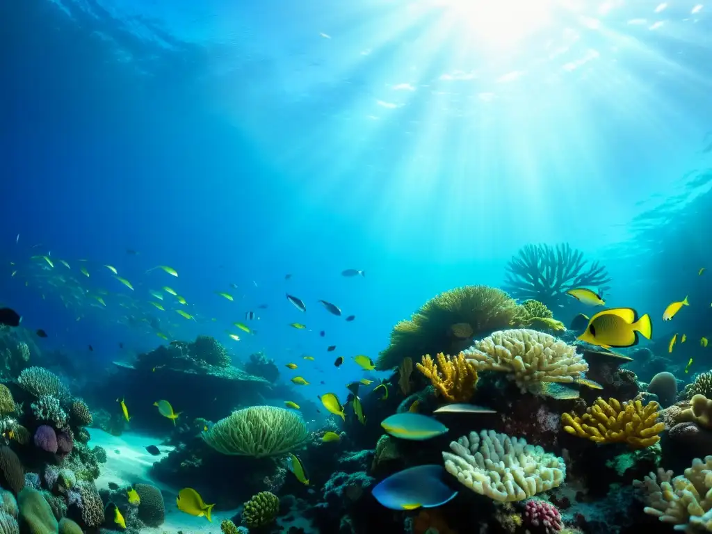 Un arrecife de coral vibrante, lleno de vida marina y plantas marinas bajo la luz del sol