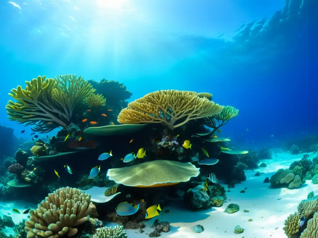 Un arrecife de coral vibrante repleto de vida marina y peces coloridos, bajo el agua cristalina y el cielo azul