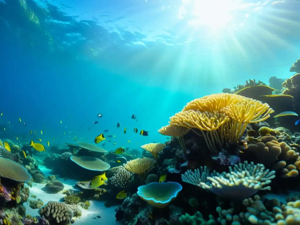 Arrecife de coral vivo y vibrante bajo el impacto del cambio climático, muestra la belleza y biodiversidad marina