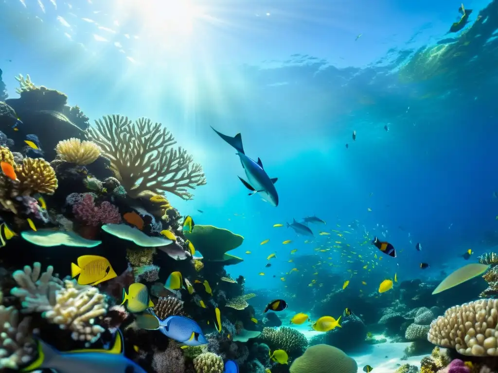 Un arrecife de coral rebosante de vida marina vibrante, con peces de colores nadando entre formaciones de coral saludables y prósperas