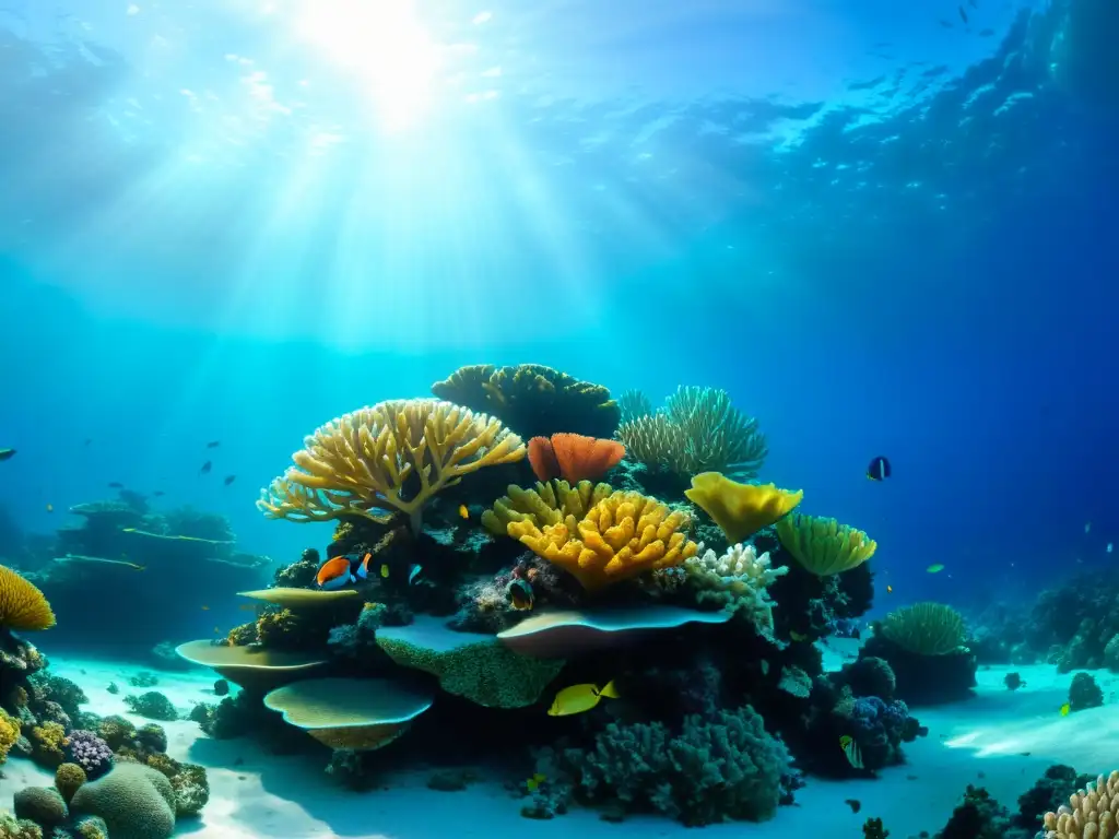 Un arrecife de coral vibrante, con diversa vida marina y formaciones de coral coloridas, bañadas por la luz del sol en aguas cristalinas