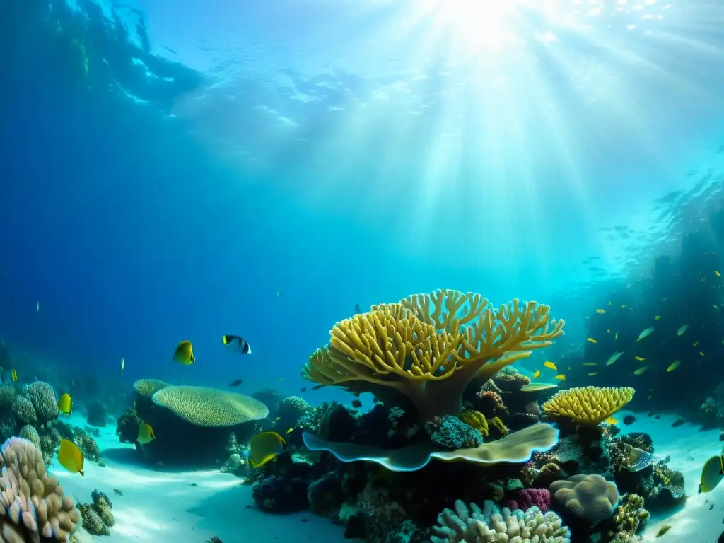 Arrecife de coral vibrante con diversidad de vida marina, resaltando la importancia de la biodiversidad en los ecosistemas marinos