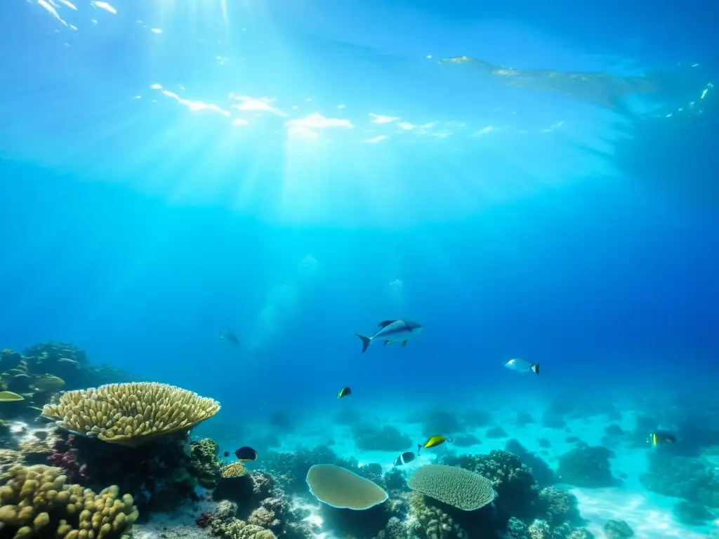 Un arrecife de coral vibrante con una escuela de peces coloridos y aguas cristalinas