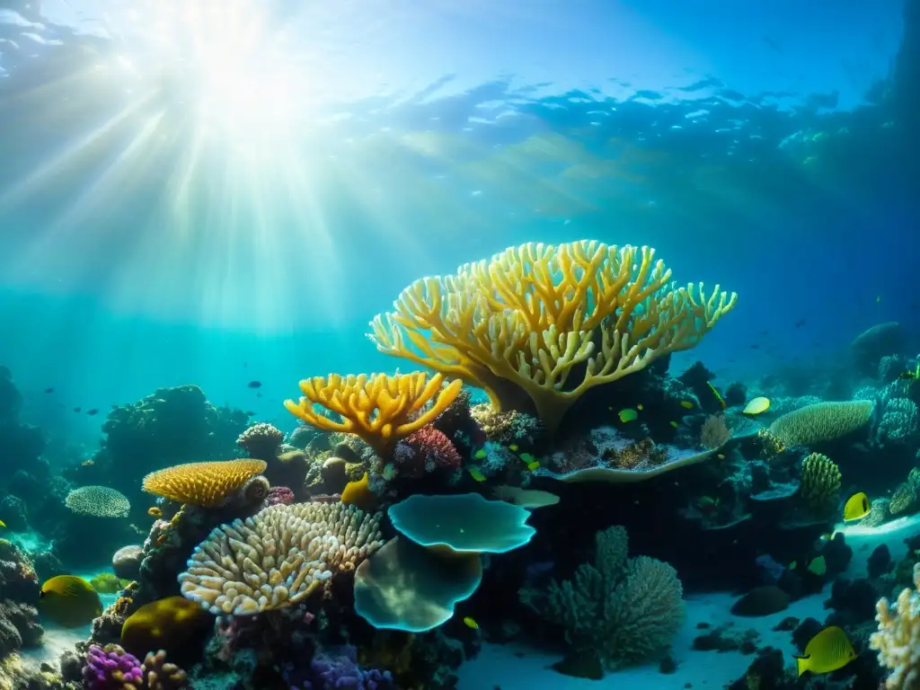 Un arrecife de coral vibrante, vital para la conservación marina, con diversidad de especies y una luz cálida que realza su belleza