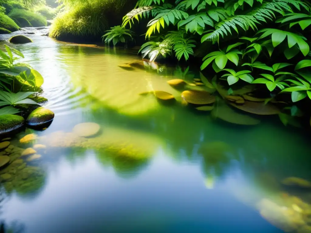 Un arroyo de agua dulce cristalina fluye entre árboles verdes, con peces y plantas acuáticas