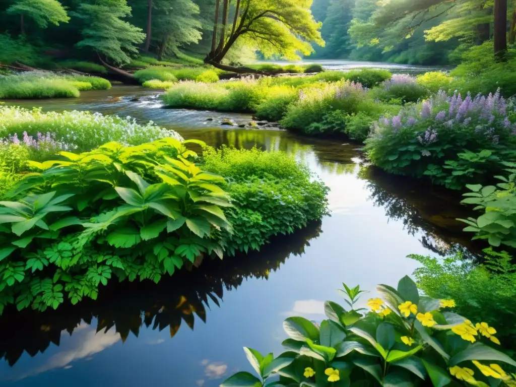 Un arroyo de agua dulce cristalina fluye a través de un exuberante bosque verde, preservando ecosistemas de agua dulce