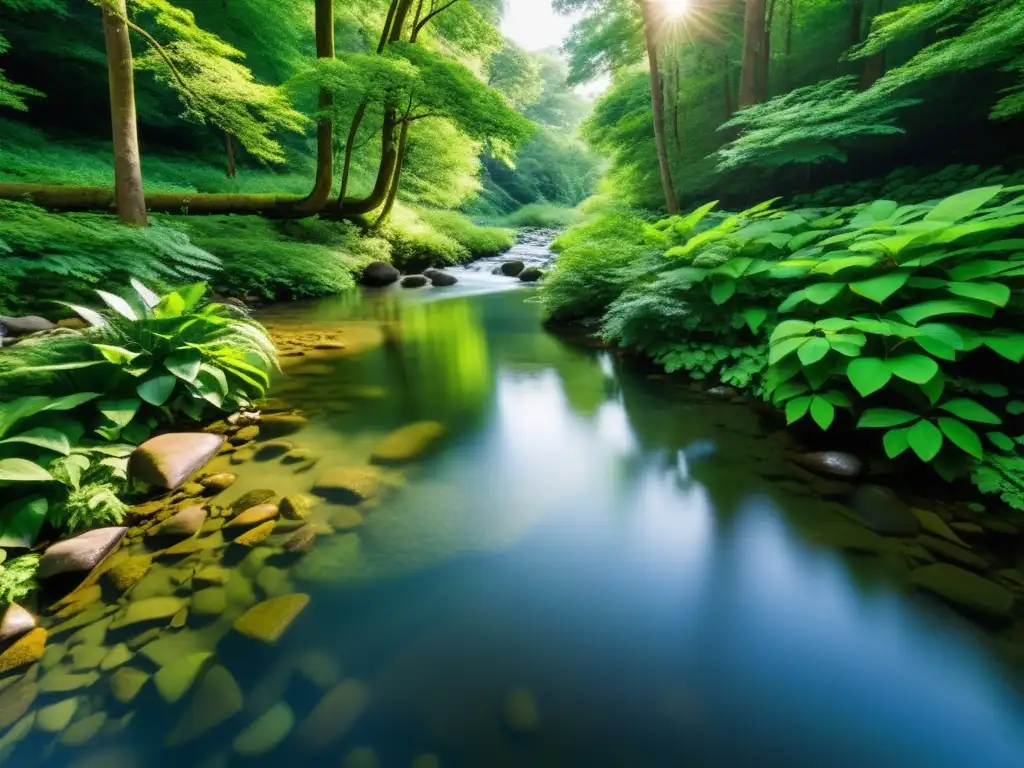 Un arroyo de agua dulce serpentea a través de un exuberante bosque, reflejando la luz del sol entre la densa vegetación