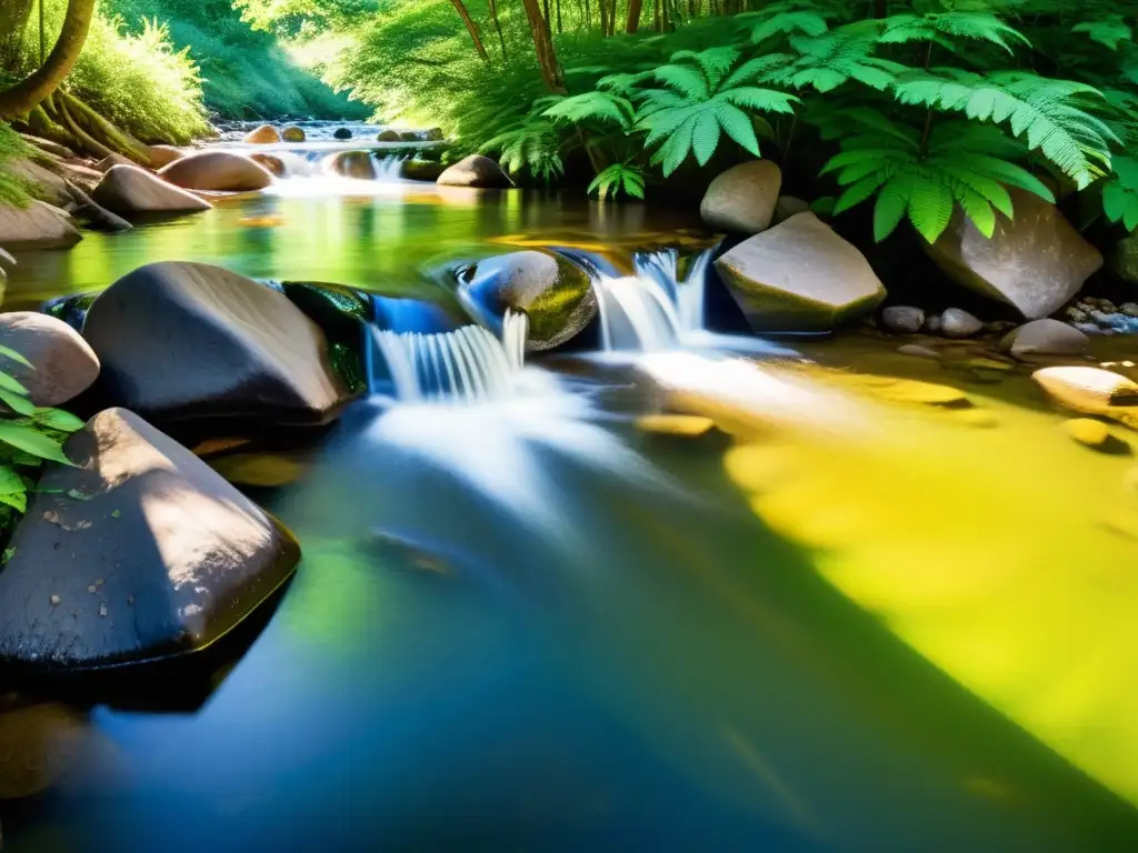 Un arroyo de bosque sereno y cristalino, con agua pura fluyendo entre rocas suaves y exuberante vegetación