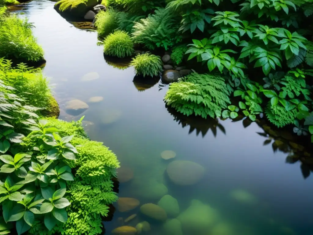 Arroyo cristalino en un exuberante bosque, con peces nadando entre las rocas y plantas