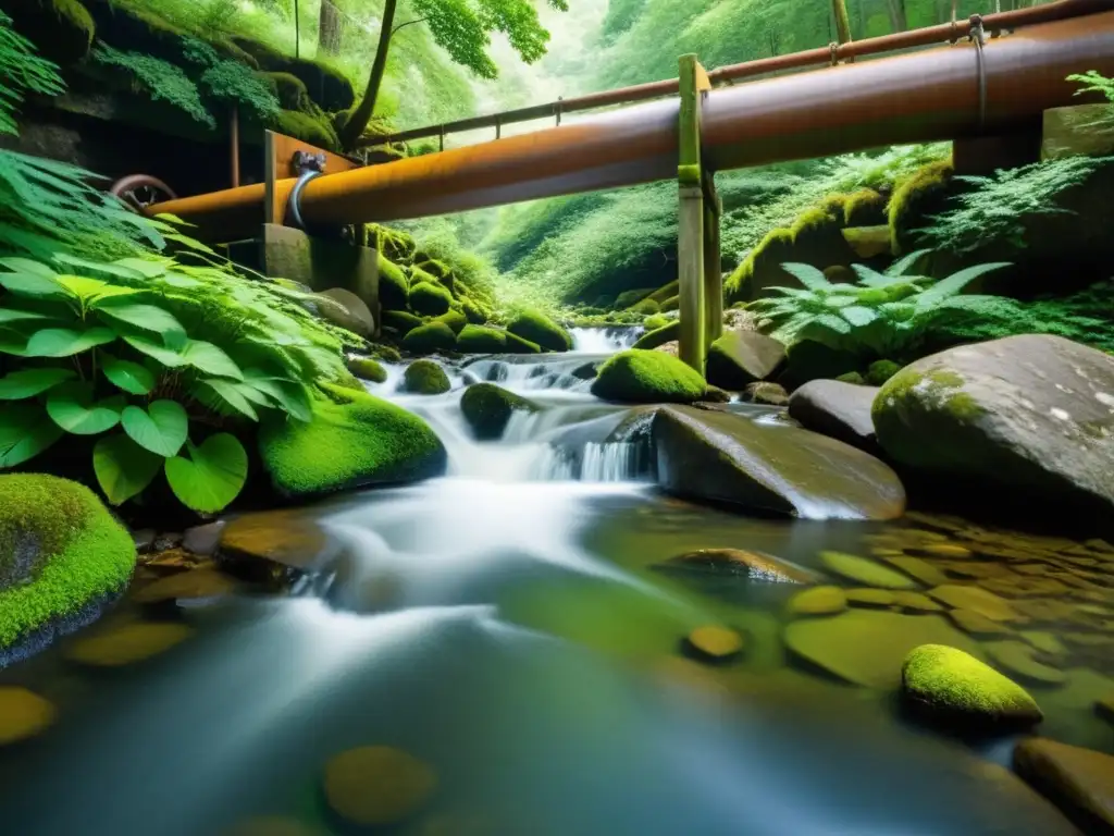 Un arroyo serpenteante en un exuberante bosque con microhidroelectricidad en arroyos