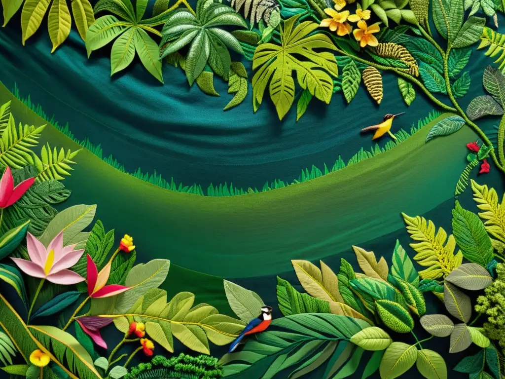 Arte textil inspirado en ecosistemas del mundo: complejo tapiz de una exuberante selva lluviosa con flora y fauna detalladas en vibrante realismo