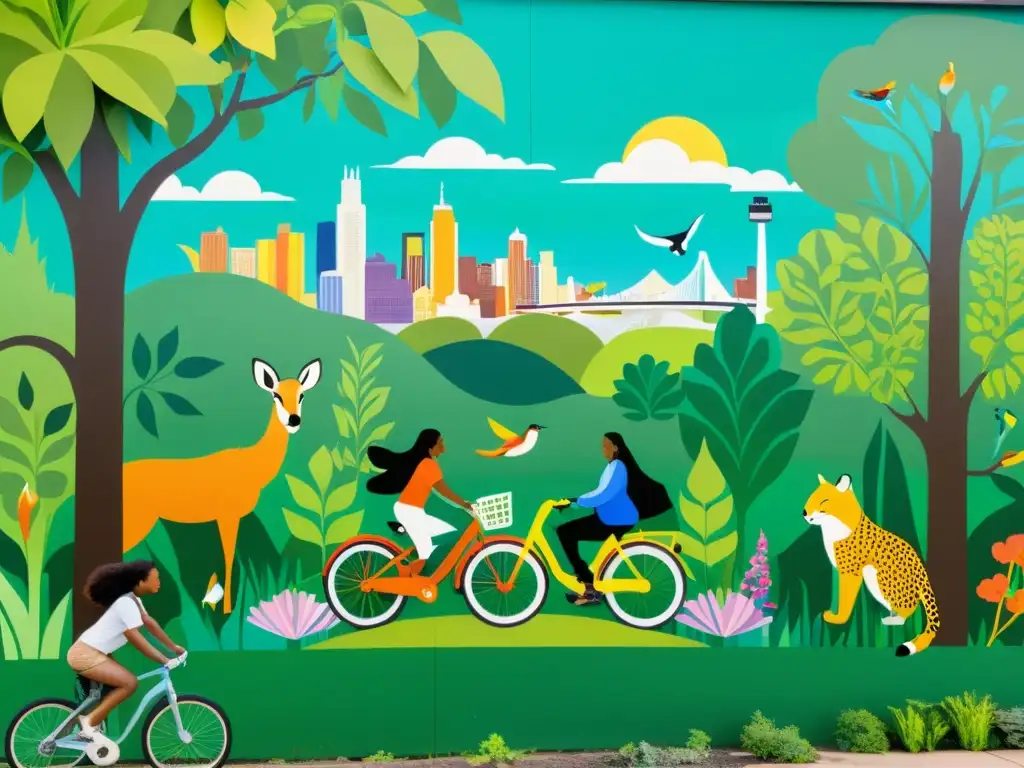 Arte urbano concienciación ecológica: Mural vibrante de ciudad y naturaleza, gente diversa en actividades sostenibles