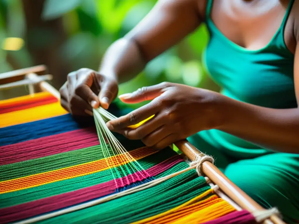 Artesano amazónico tejiendo patrones vibrantes en la selva, preservando tradiciones artesanales en ecosistemas de selva