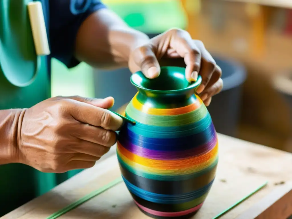 Un artesano moldea con cuidado plástico reciclado, creando un hermoso y detallado jarrón