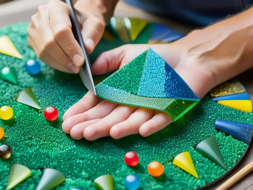 Un artesano moldea con cuidado plástico reciclado, creando una colorida y detallada obra de arte en mosaico