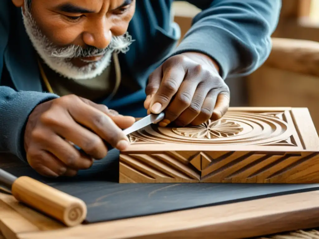 Un artesano talla un diseño intrincado en un souvenir de madera sostenible, reflejando tradición y responsabilidad ambiental