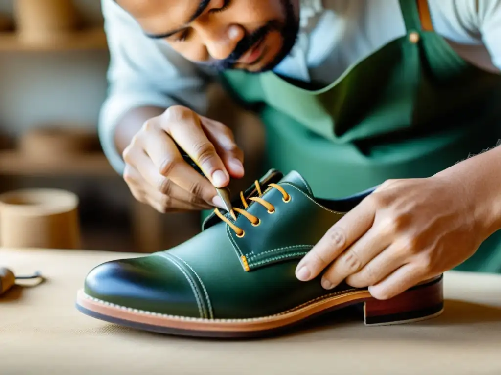 Un artesano experto confecciona a mano un par de zapatos ecológicos, mostrando dedicación y artesanía