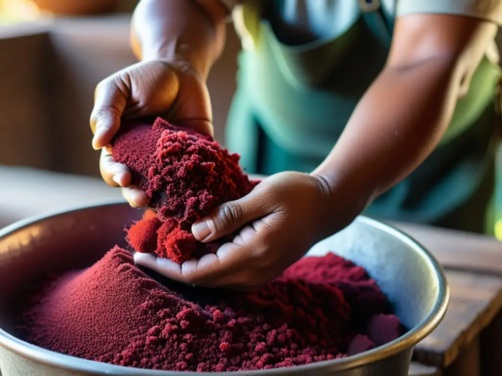 Un artesano experto extrae tinte rojo de cochinilla en un taller rústico, resaltando la tradición de teñir textiles con tintes naturales