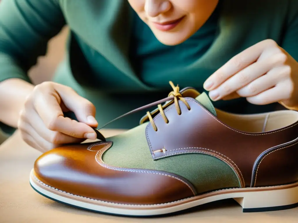 Un artesano experto confecciona un zapato ecológico sostenible, destacando la conciencia ambiental y la artesanía