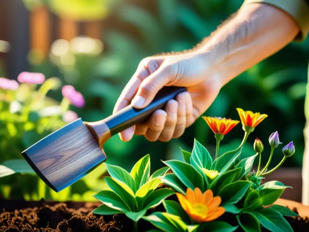 Un artesano sostiene una herramienta de jardinería ecológica tallada en madera, cuidando un exuberante jardín