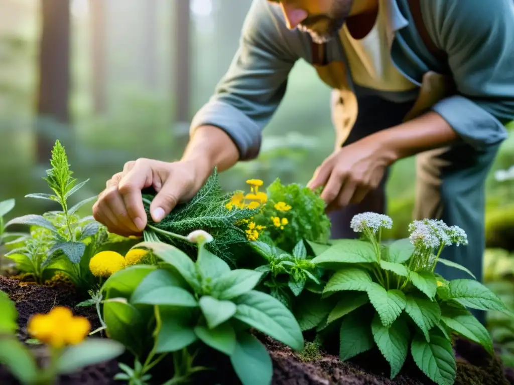 Un artesano selecciona hierbas y flores orgánicas en un sendero escénico al amanecer