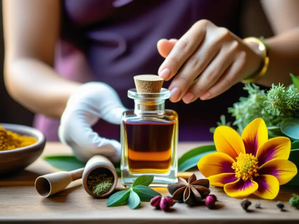 Un artesano selecciona y mezcla cuidadosamente ingredientes naturales para crear perfumes naturales