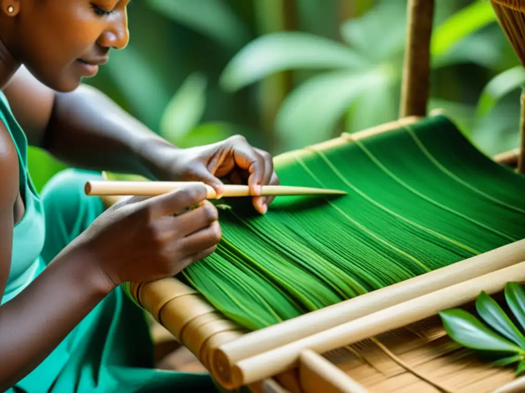 Un artesano local crea souvenires ecológicos responsables en la selva, mostrando habilidad y conciencia ambiental en cada detalle