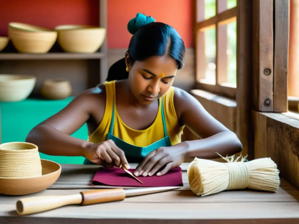 Un artesano local crea souvenirs ecológicos responsables en una imagen documental de alta resolución