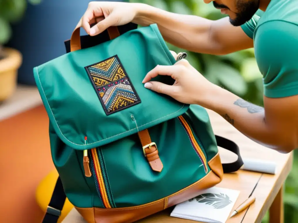 Un artesano hábil crea mochilas ecológicas para exploración con materiales reciclados, mostrando cuidado y creatividad en cada puntada