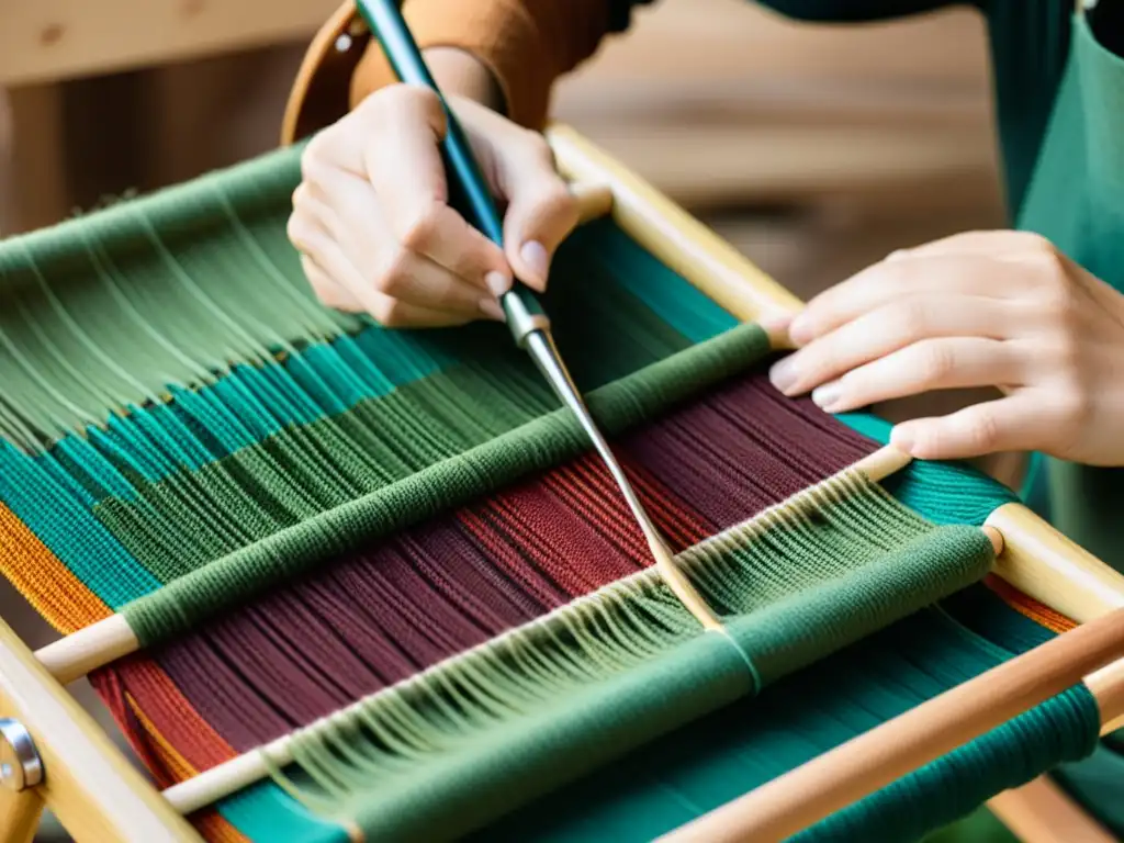 Un artesano teje una silla de campamento ecológica con materiales sostenibles y tintes naturales, mostrando la artesanía y durabilidad ecoconscientes