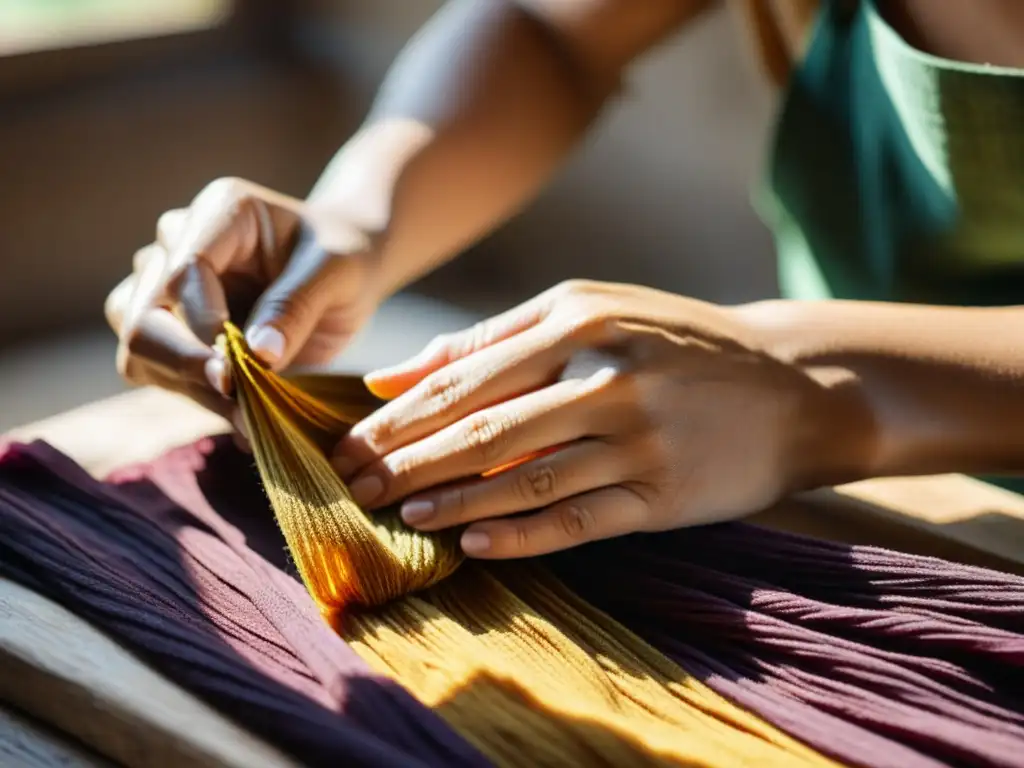 Un artesano tiñendo textiles con tintes naturales en un taller rústico, evocando la transformación sostenible de la industria textil