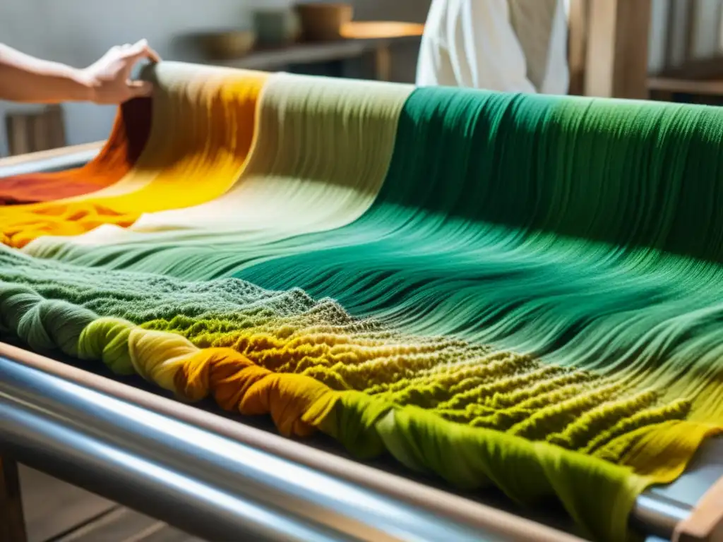 Artesano tiñendo tela con tintes orgánicos de algas y hongos, en un taller de moda sostenible