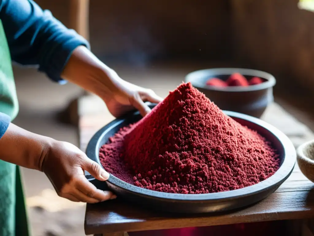 Un artesano extrae tinte rojo de cochinillas en un taller rústico, transmitiendo la belleza y tradición de teñir textiles con tintes naturales