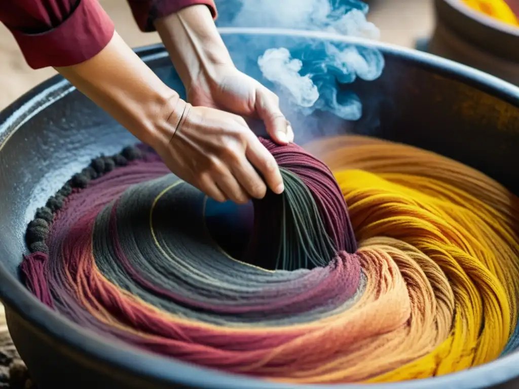 Un artesano sumerge tela en tintes naturales, transmitiendo maestría y tradición en el teñido textiles con tintes naturales