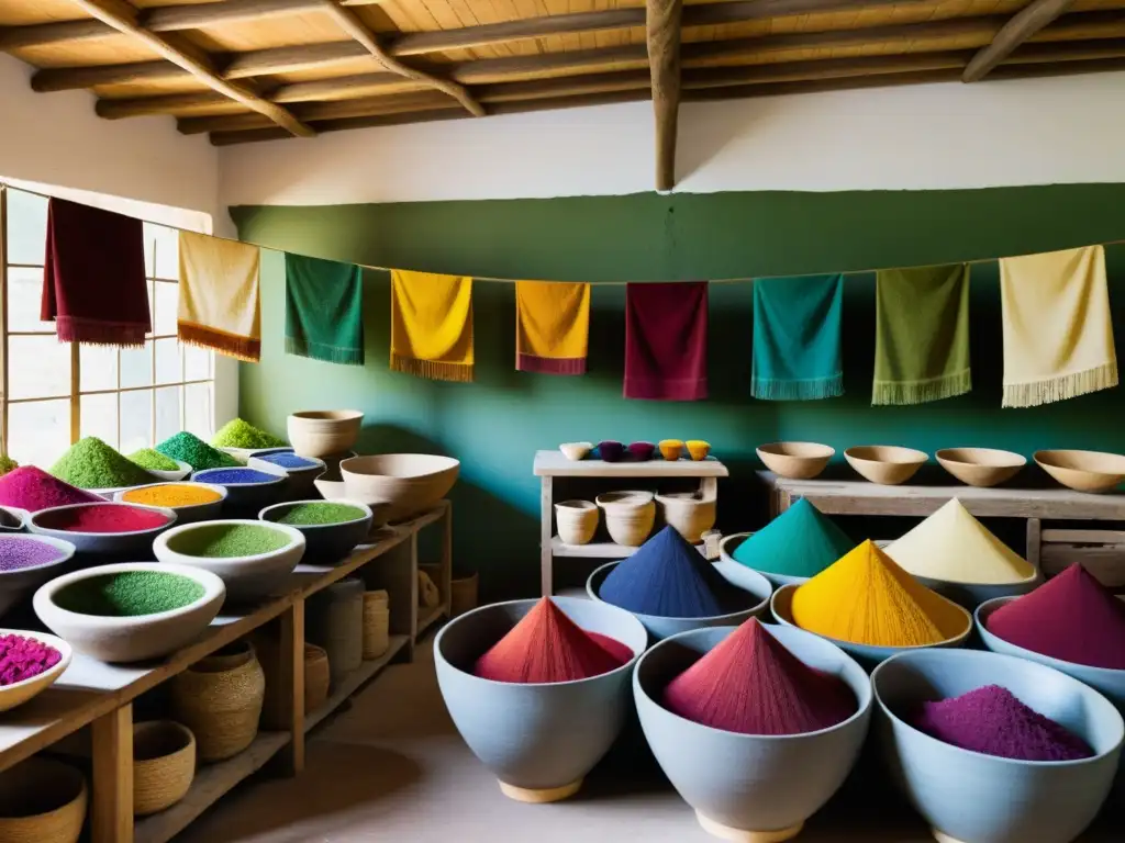 Artesanos tiñendo textiles con tintes naturales en un taller tradicional, capturando la esencia de la antigua técnica de teñido