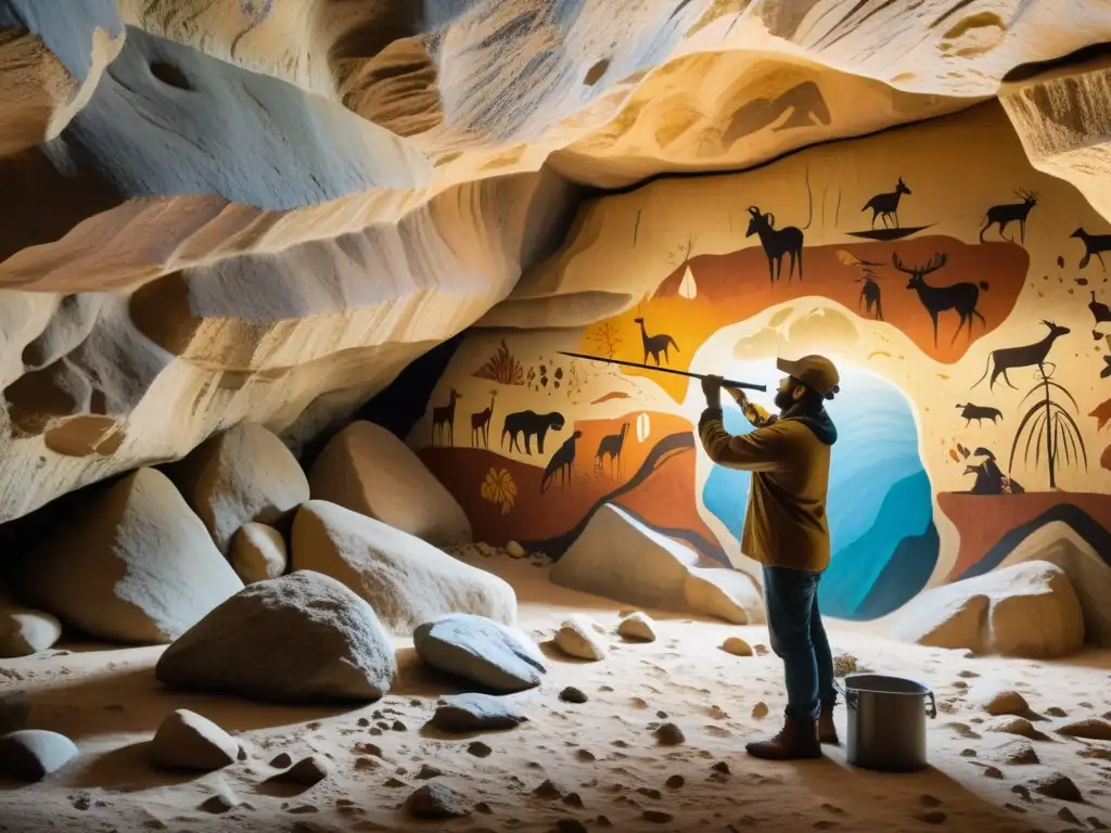 Un artista contemporáneo representa arte rupestre ecosistemas en una cueva, con pasión y dedicación, en una atmósfera tenue y vibrante