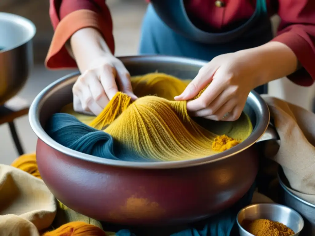 Un artista experto teñe textiles con tintes naturales en un ambiente envolvente y mágico, creando una obra de arte única